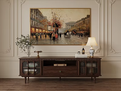 Elegant Wooden TV Stand With Green Plant Table Lamp And Wall Painting Decor 3d model
