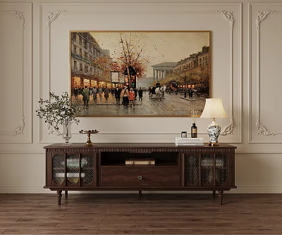Elegant Wooden TV Stand With Green Plant Table Lamp And Wall Painting Decor 3d model