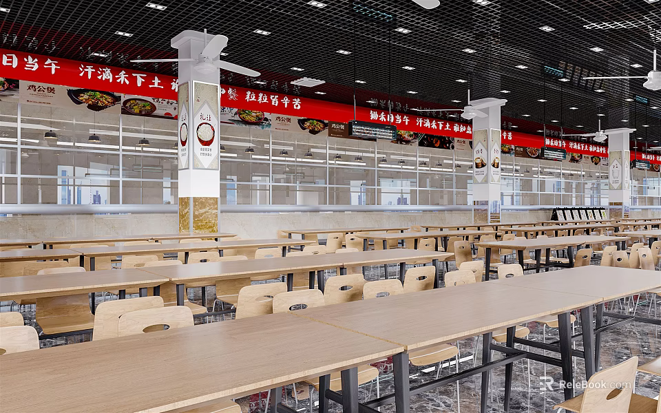 Spacious Cafeteria Interior With Long Tables Chairs And Red Decorative Banners 3d model