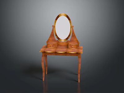Stylish Wooden Dressing Table With Round Mirror And Two Storage Drawers 3d model