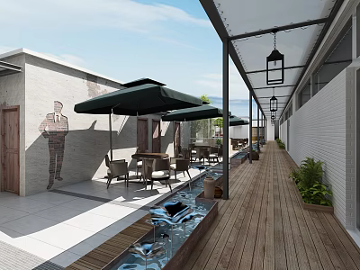 Outdoor Garden Landscape Design With Green Umbrellas Tables Wooden Walkway Water Stream And Lanterns 3d model