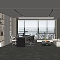 Modern Office Interior Design With Large Windows City View Desk And Sofa 3d model