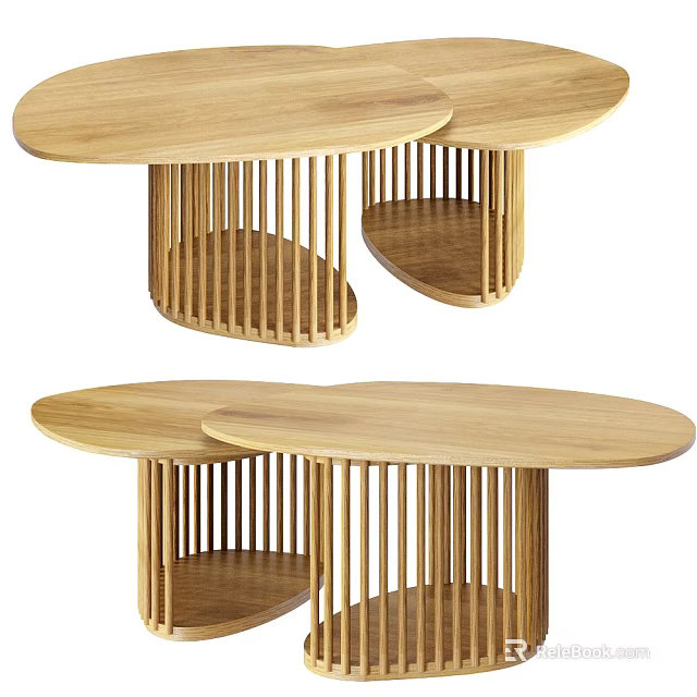 Modern Wooden Coffee Table With Vertical Slats And Lower Shelf Design 3d model 