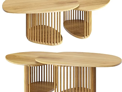 Modern Wooden Coffee Table With Vertical Slats And Lower Shelf Design 3d model
