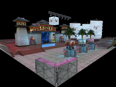 Traditional Style Commercial Street With Pagoda Towers Stage Large Screen And Palm Trees 3d model