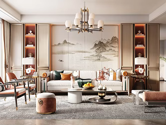 New Chinese Style Living Room Home Living Room Sofa Coffee Table Combination Single Casual Chair Storage Cabinet Chandelier Plant 3d model