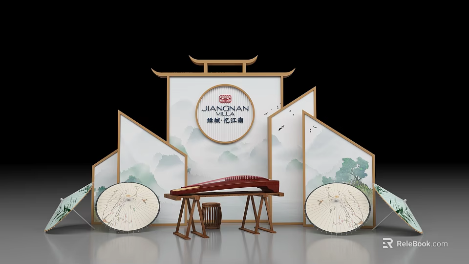 Jiangyunman Sales Office With Jiangnan Style Fan Screens And Guzheng Decor 3d model 