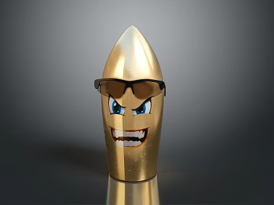 Golden Bullet Shaped Object With Glasses And Cartoon Grinning Face Blue Eyes 3d model
