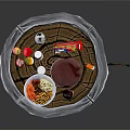 Rustic Tree Stump Wooden Table With Various Breakfast Items And Decorative Branch