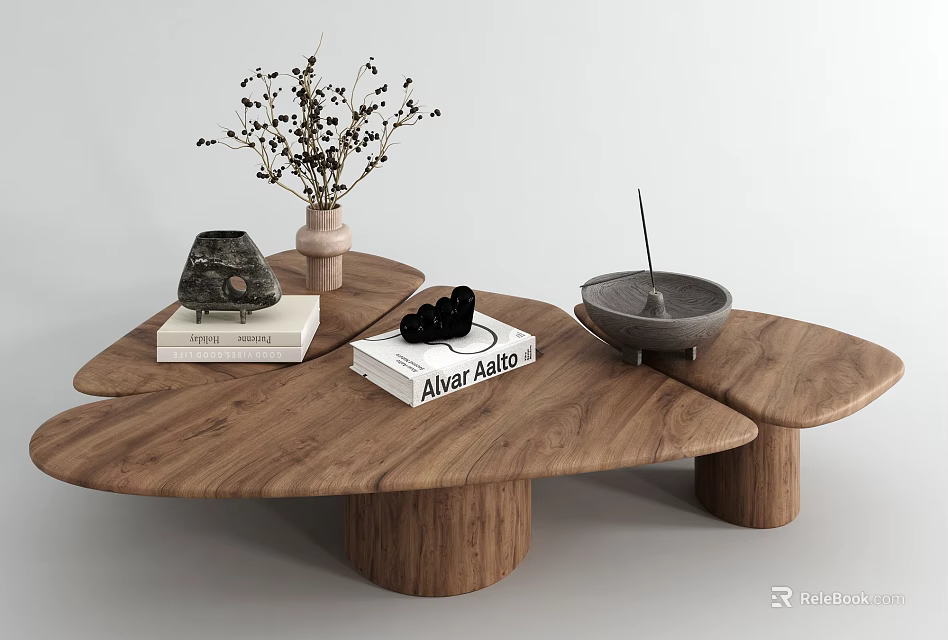 Stylish Unique Shaped Wooden Coffee Table With Dried Flowers Vase Book And Incense Bowl 3d model 