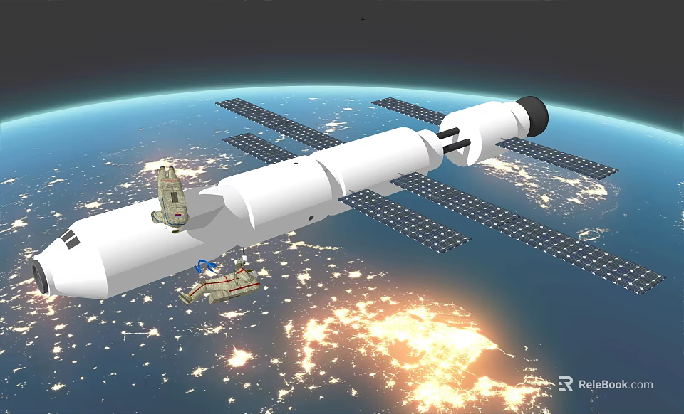 International Space Station in Earth Orbit with Solar Panels and Docked Small Spacecraft 3d model 