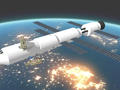 International Space Station in Earth Orbit with Solar Panels and Docked Small Spacecraft 3d model