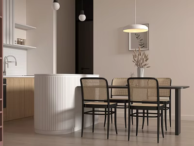 Modern Restaurant Interior Design With Dining Table Woven Chairs Pendant Lights And Plant Decor 3d model
