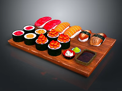 Assorted Fresh Sushi Platter With Various Fish Rolls And Soy Sauce On Wooden Tray 3d model