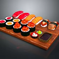 Assorted Fresh Sushi Platter With Various Fish Rolls And Soy Sauce On Wooden Tray