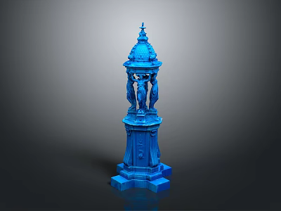 Ornate Blue Decorative Column with Classical Spire and Statues on Detailed Base 3d model
