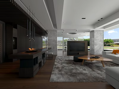 Living Dining Room Interior With Dark Wood Hanging Lights TV Sofa Coffee Table And Rug 3d model