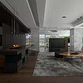 Living Dining Room Interior With Dark Wood Hanging Lights TV Sofa Coffee Table And Rug