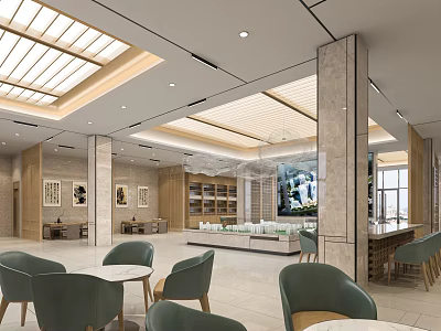 Modern Sales Office Interior With Skylight Marble Pillars Green Chairs And Large Screen 3d model