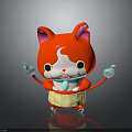 Red and White Cat with Yellow Apron Raised Hands Smiling Cartoon on Dark Background