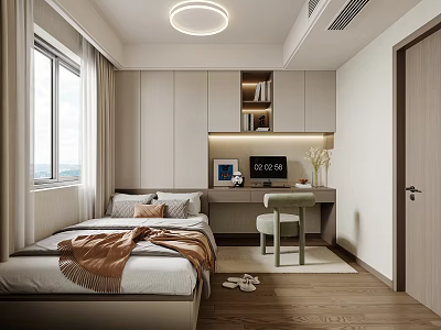 Modern Tatami Bedroom Interior With Bed Blanket Pillows Window Curtains Desk Chair And Natural Light 3d model