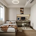 Modern Tatami Bedroom Interior With Bed Blanket Pillows Window Curtains Desk Chair And Natural Light