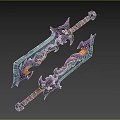 Two Decorative Fantasy Swords With Purple Ornaments Orange Glowing Details And Intricate Hilt Design
