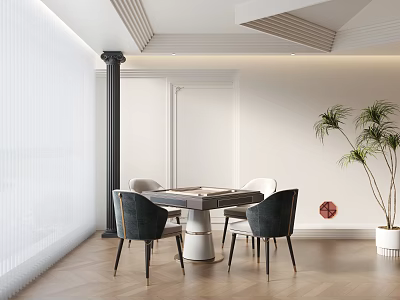 Modern Entertainment Table Interior Design With White Walls Wooden Floor Four Chairs And Potted Plant 3d model
