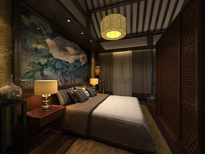 Chinese Style Hotel Guest Room With Peony Painting Wooden Furniture And Ceiling Lamp 3d model