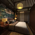 Chinese Style Hotel Guest Room With Peony Painting Wooden Furniture And Ceiling Lamp