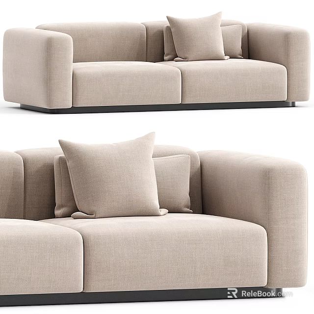 Modern Beige Fabric Two-Seater Sofa With Soft Cushions And Sleek Black Base 3d model 