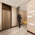 Elegant Modern Public Restroom Corridor With Round Mirrors Stone Sinks And Lighting