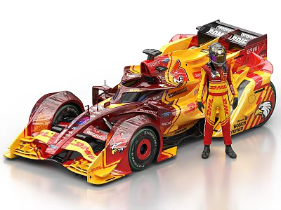 Stylish Red and Yellow Race Car with Flame Design and Driver in Racing Outfit 3d model