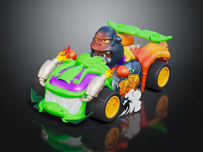 Cartoon Style Toy Car With Gorilla Head Design Green Purple Body Flame Patterns And Yellow Wheels 3d model