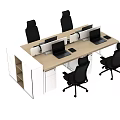 Modular Office Desk Setup With Multiple Computer Monitors Black Office Chairs And White Storage Cabinets 3d model