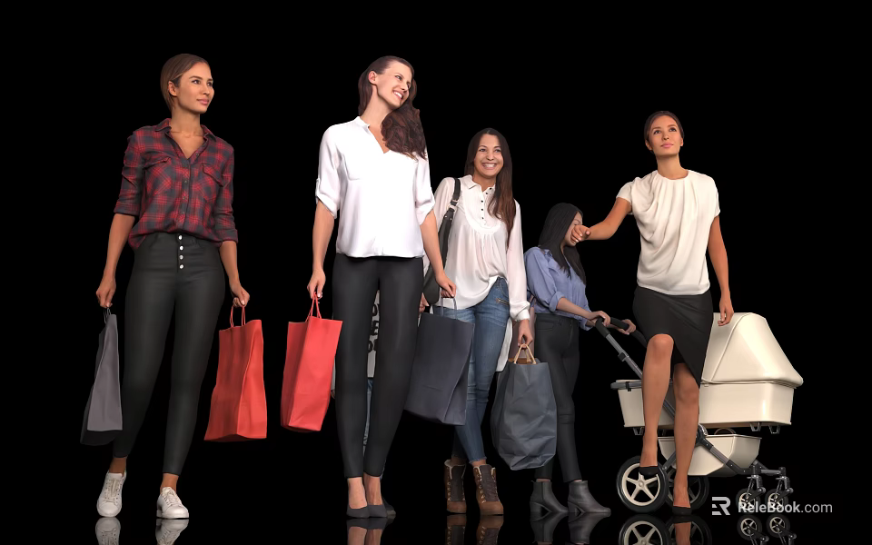 Group of Women Holding Shopping Bags With Baby Stroller Against Black Background 3d model 