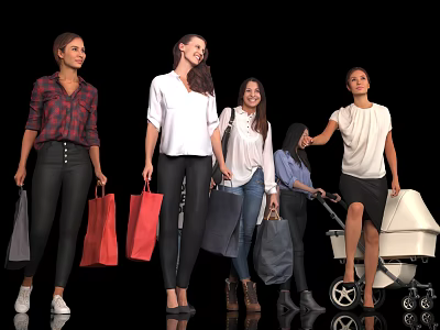 Group of Women Holding Shopping Bags With Baby Stroller Against Black Background 3d model