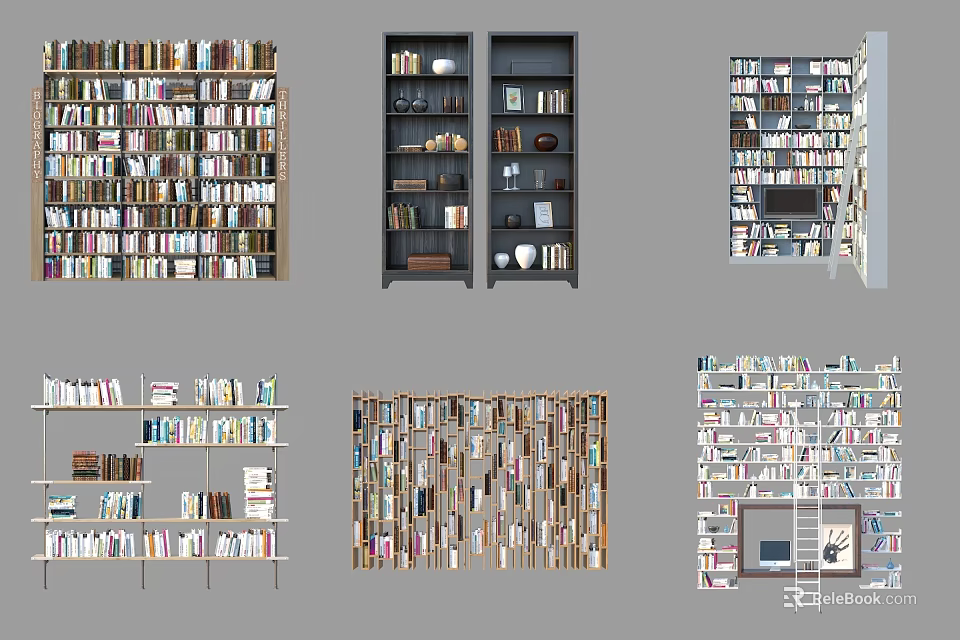 Various Bookcase Designs With Multiple Shelves For Open Storage And Home Library Decor 3d model