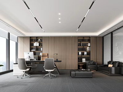 Modern Office Interior With Spacious Layout Large Windows Wooden Bookshelves Desk And Black Sofa 3d model