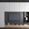 Modern TV Background Cabinet With White Grey Panels Wooden Base TV Screen And Decorative Items