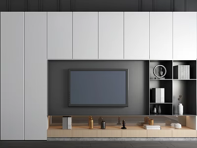 Modern TV Background Cabinet With White Grey Panels Wooden Base TV Screen And Decorative Items 3d model