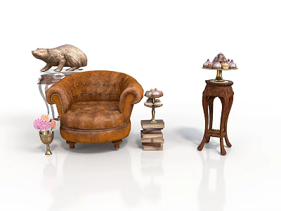Vintage Brown Leather Armchair Interior With Stacked Books Small Lamp Pink Flower Vase And Sculptures 3d model