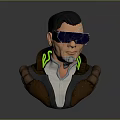 Cyberpunk Character 3D Bust With Blue Goggles Green Neon Tech Implants And Brown Jacket