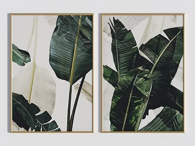 Modern Green Leaf Plant Paintings With Golden Frame For Home Wall Decor 3d model