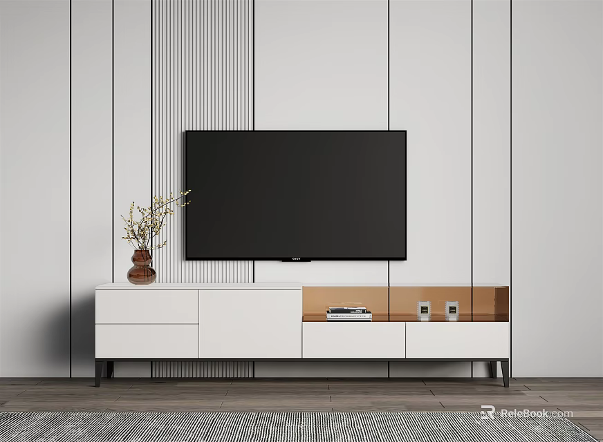 Modern Minimalist TV Stand With White Wooden Design Drawers And Mounted TV On Striped Wall 3d model 