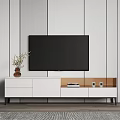 Modern Minimalist TV Stand With White Wooden Design Drawers And Mounted TV On Striped Wall