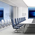 Modern Conference Room Interior Design With Long Table Blue Chairs And Large Screens