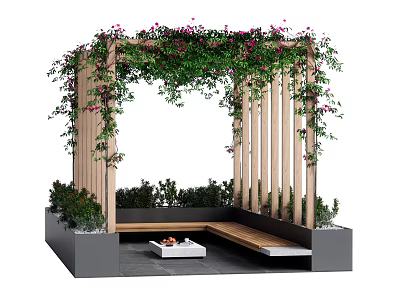 Wooden Pergola Featuring Climbing Vines Pink Flowers Vertical Posts Bench and Gray Base with Greenery 3d model