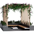 Wooden Pergola Featuring Climbing Vines Pink Flowers Vertical Posts Bench and Gray Base with Greenery