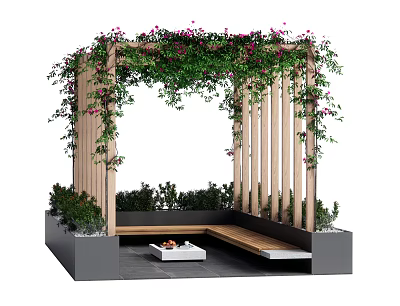 Wooden Pergola Featuring Climbing Vines Pink Flowers Vertical Posts Bench and Gray Base with Greenery 3d model
